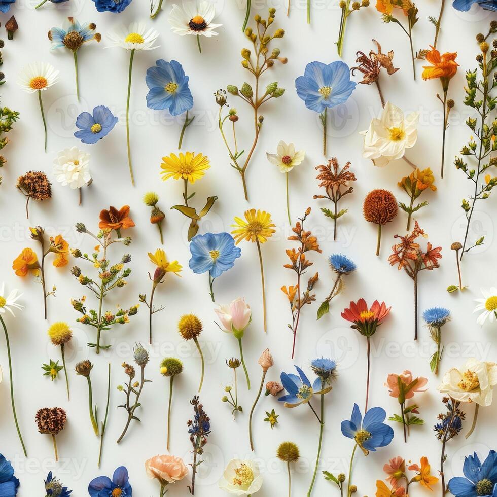 pressed flower colorful pattern texture wallpaper on white background, ai photo