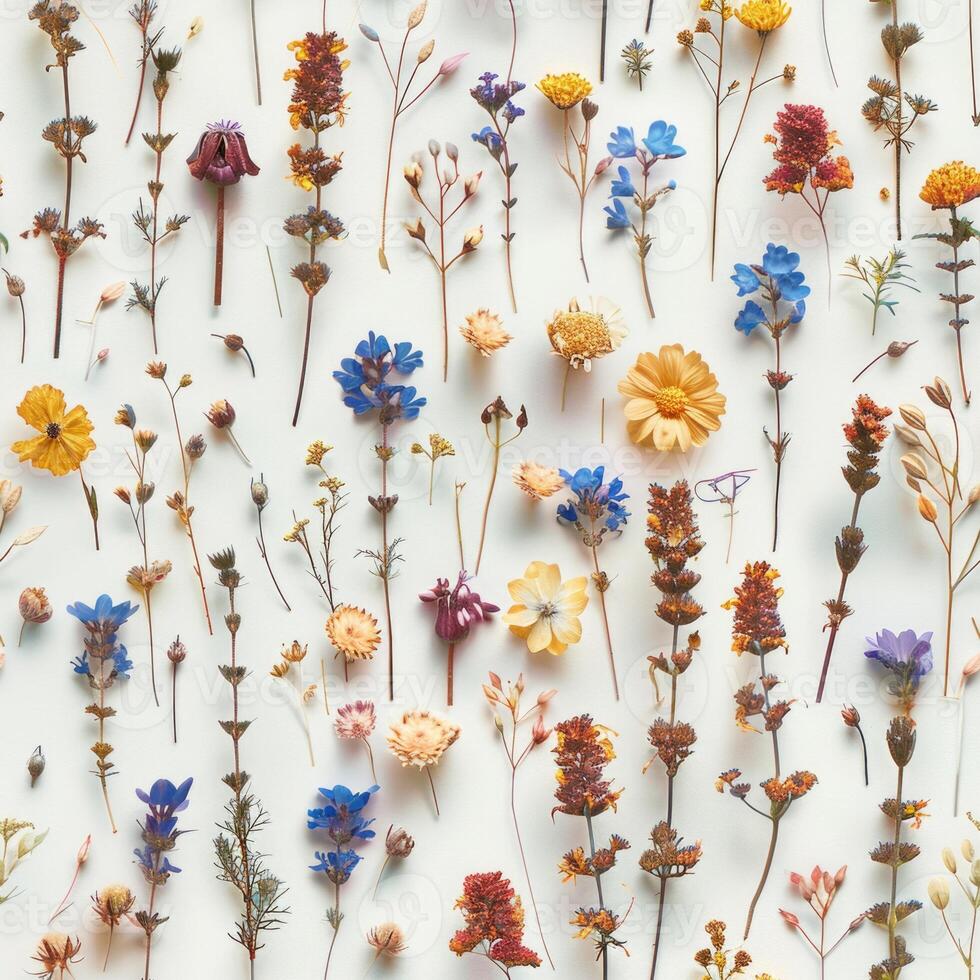 pressed flower colorful pattern texture wallpaper on white background, ai photo