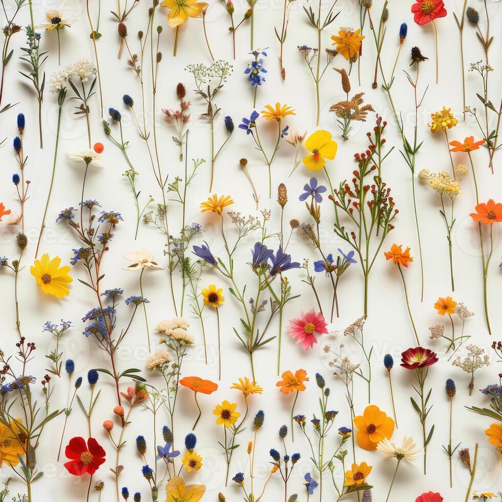 pressed flower colorful pattern texture wallpaper on white background, ai photo