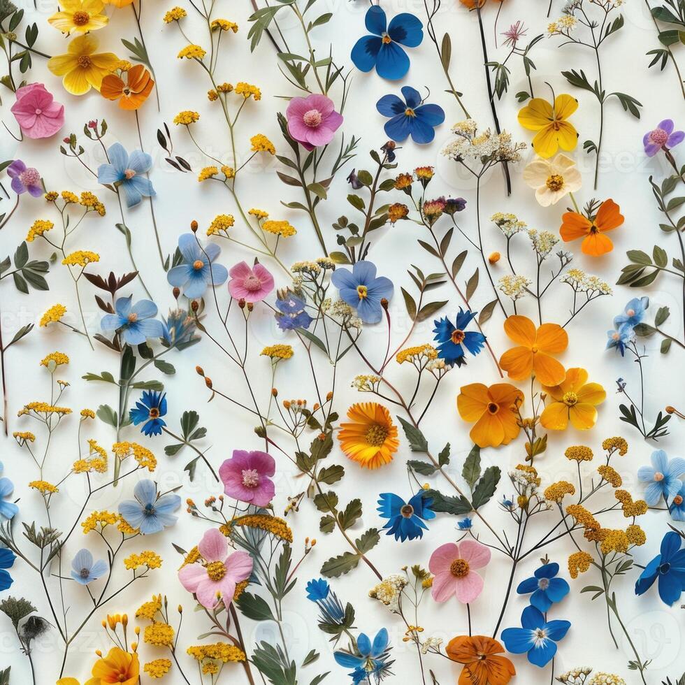 pressed flower colorful pattern texture wallpaper on white background, ai photo