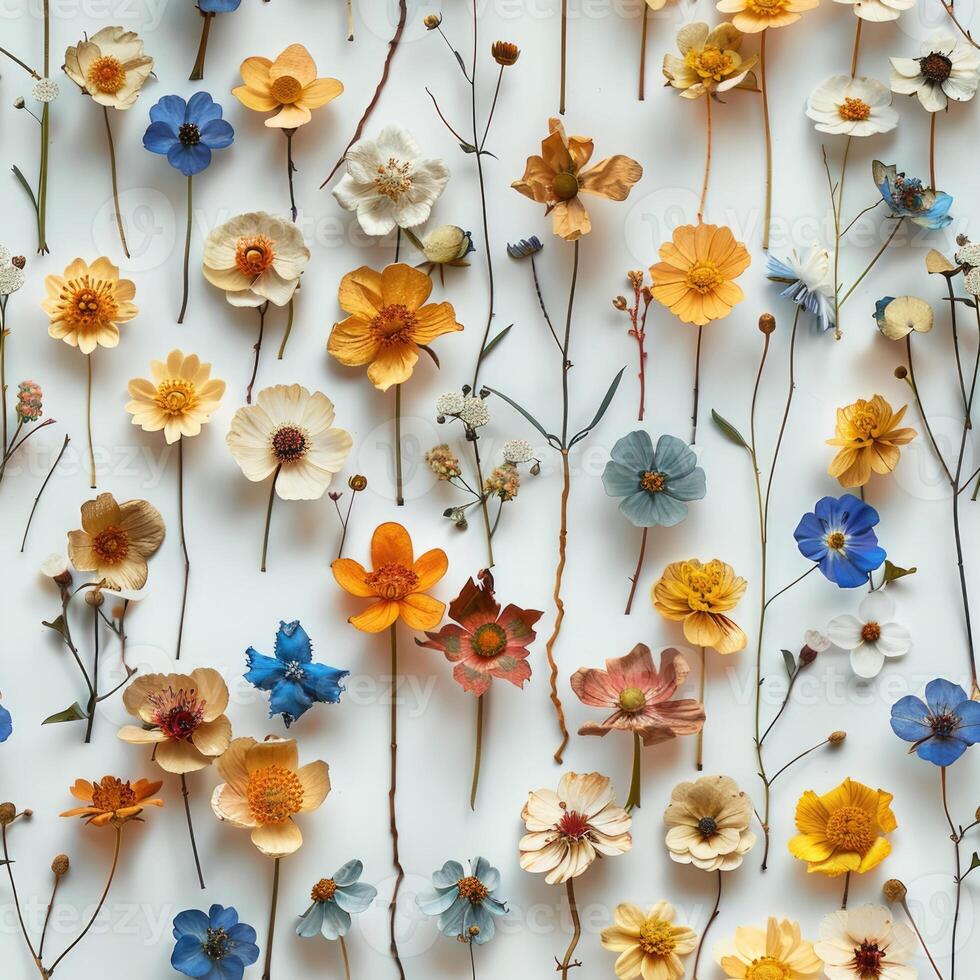 pressed flower colorful pattern texture wallpaper on white background, ai photo