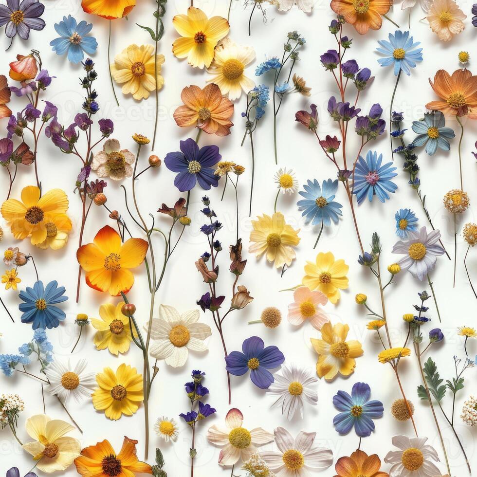 pressed flower colorful pattern texture wallpaper on white background, ai photo
