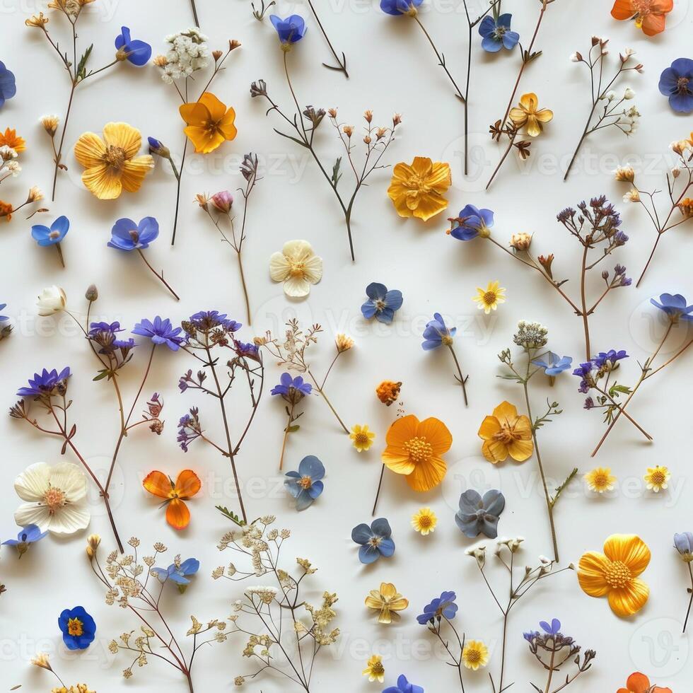 pressed flower colorful pattern texture wallpaper on white background, ai photo