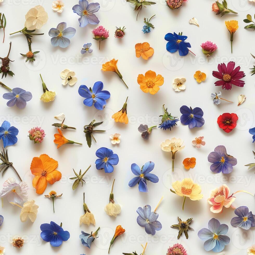 pressed flower colorful pattern texture wallpaper on white background, ai photo