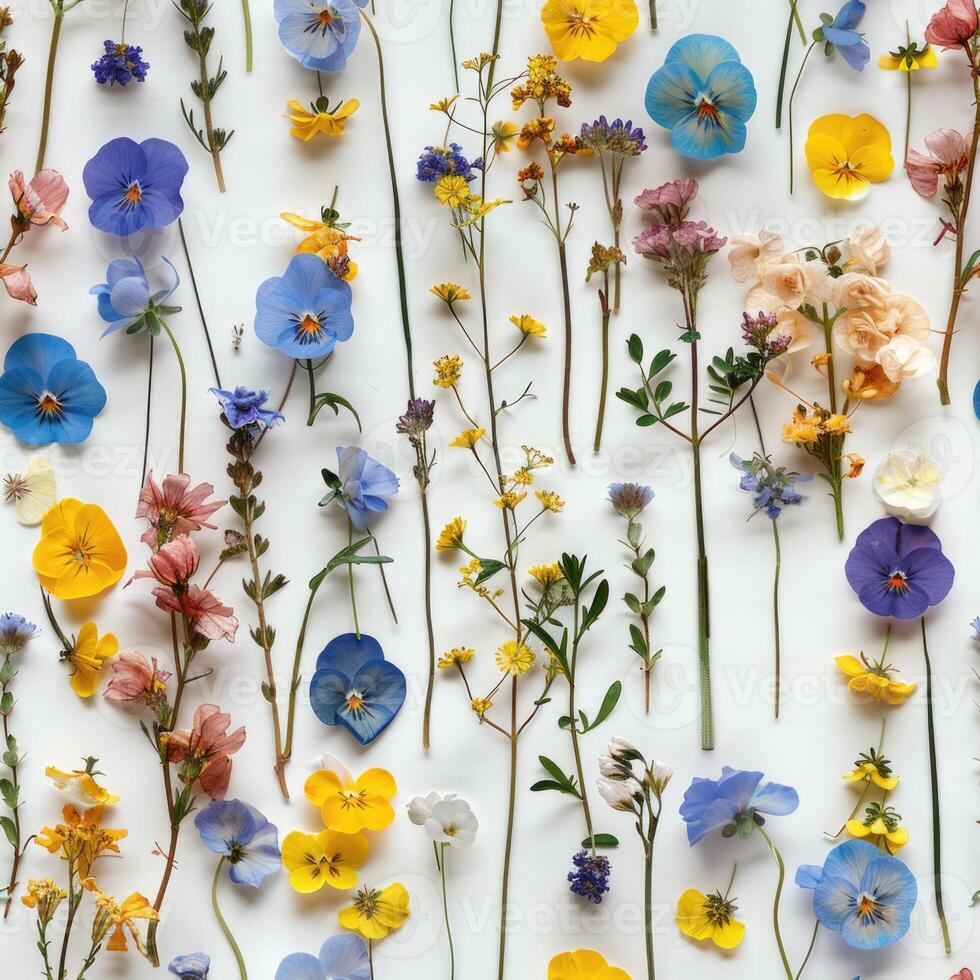 pressed flower colorful pattern texture wallpaper on white background, ai photo