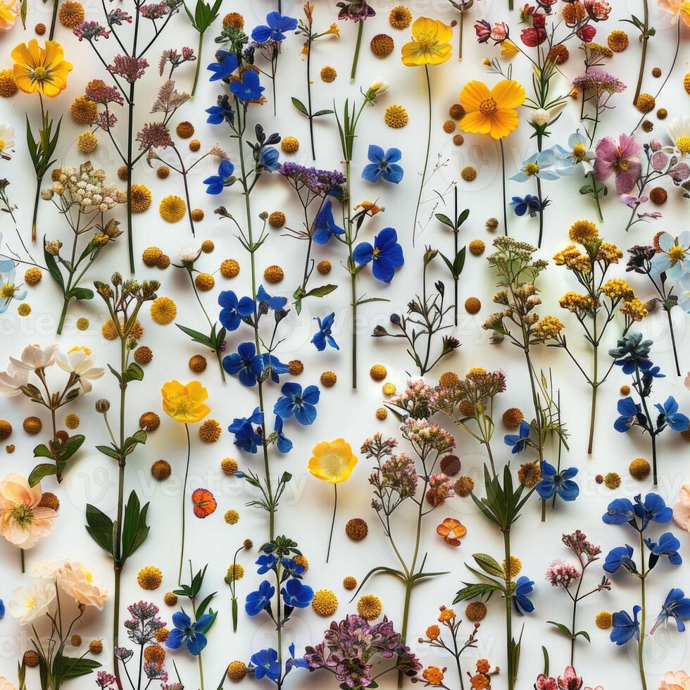 pressed flower colorful pattern texture wallpaper on white background, ai photo