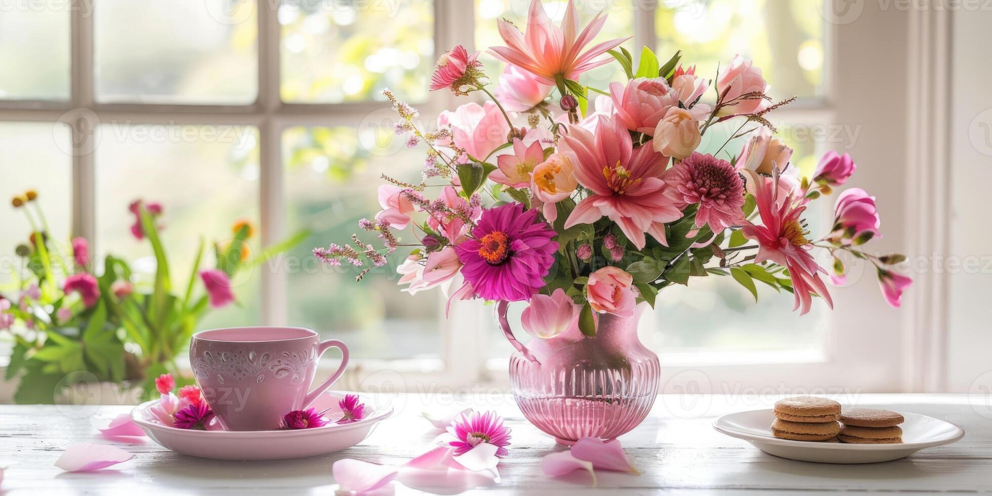 pink and purple rose hellebore boho flower arrangements glass crystal vase, ai photo