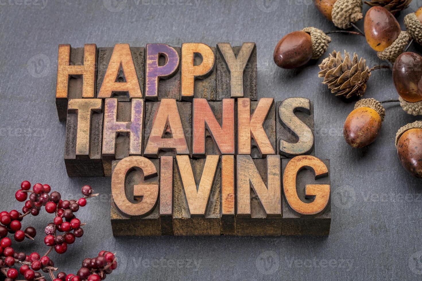 Happy Thanksgiving in wood type photo