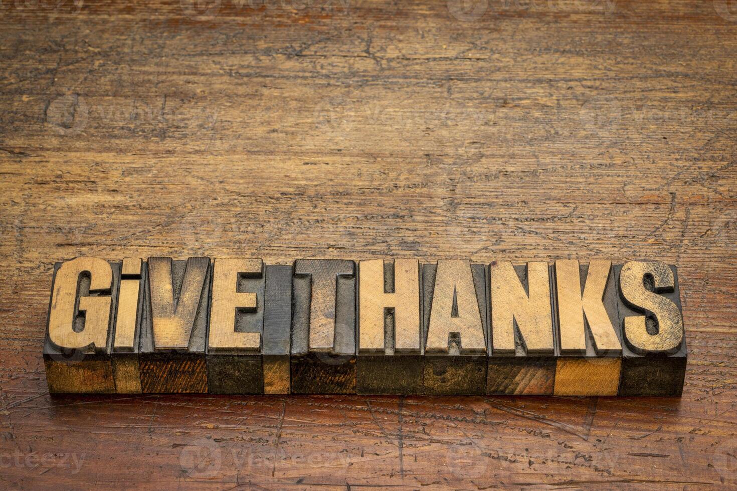 Give thanks word abstract in letterpress wood type photo