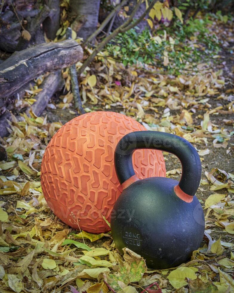 heavy iron kettlebell and slam ball photo