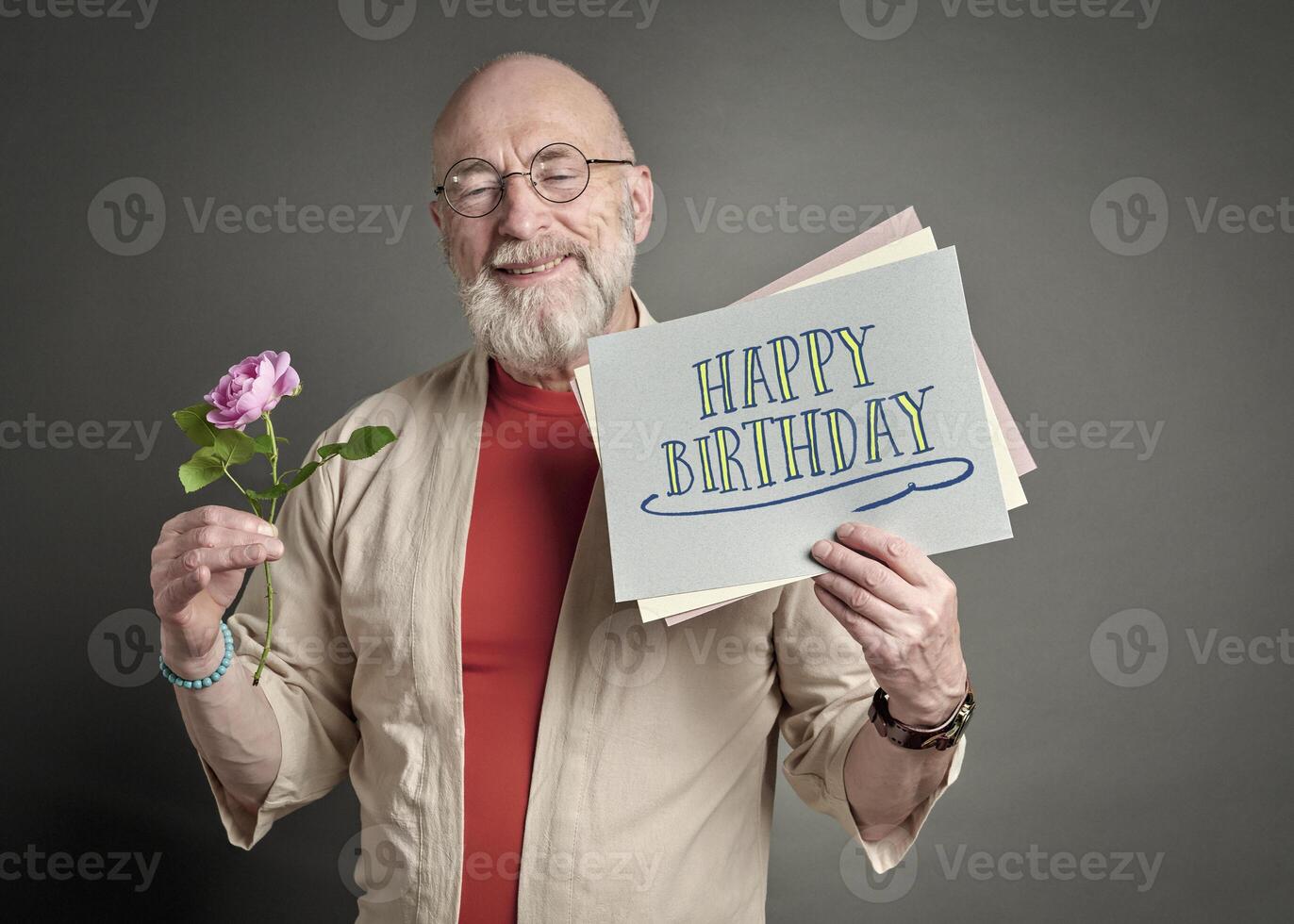 Happy Birthday - senior man with pink rose photo