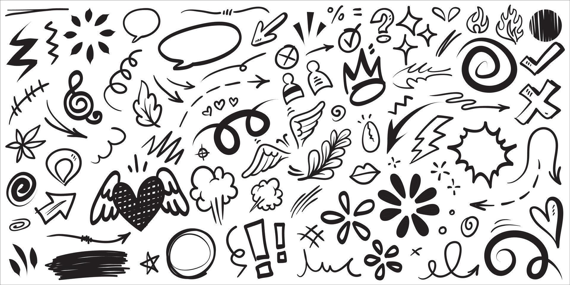 Hand drawn set elements, Abstract arrows, ribbons, hearts, stars, crowns and other elements in a hand drawn style for concept designs. Scribble illustration. vector