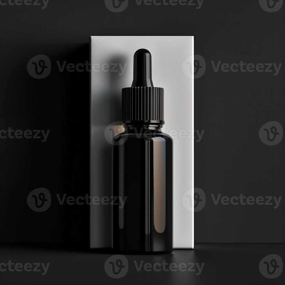 Beauty serum dropper bottle mockup white paper box, skincare product packaging on black background photo