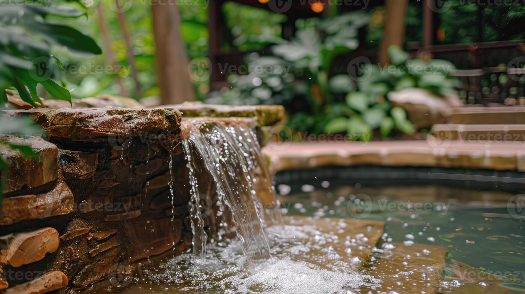 Tranquil garden with waterfall flowing into pool, surrounded by plants photo
