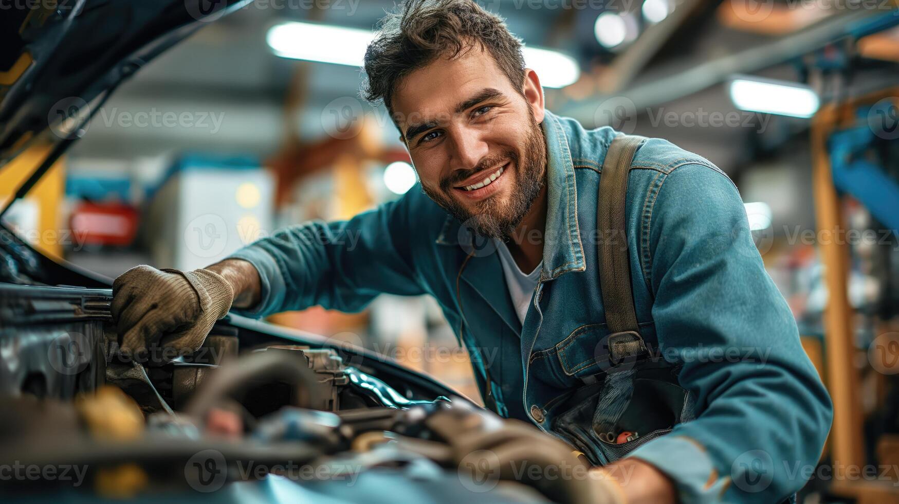 Male mechanic repairing car engine in a car service photo