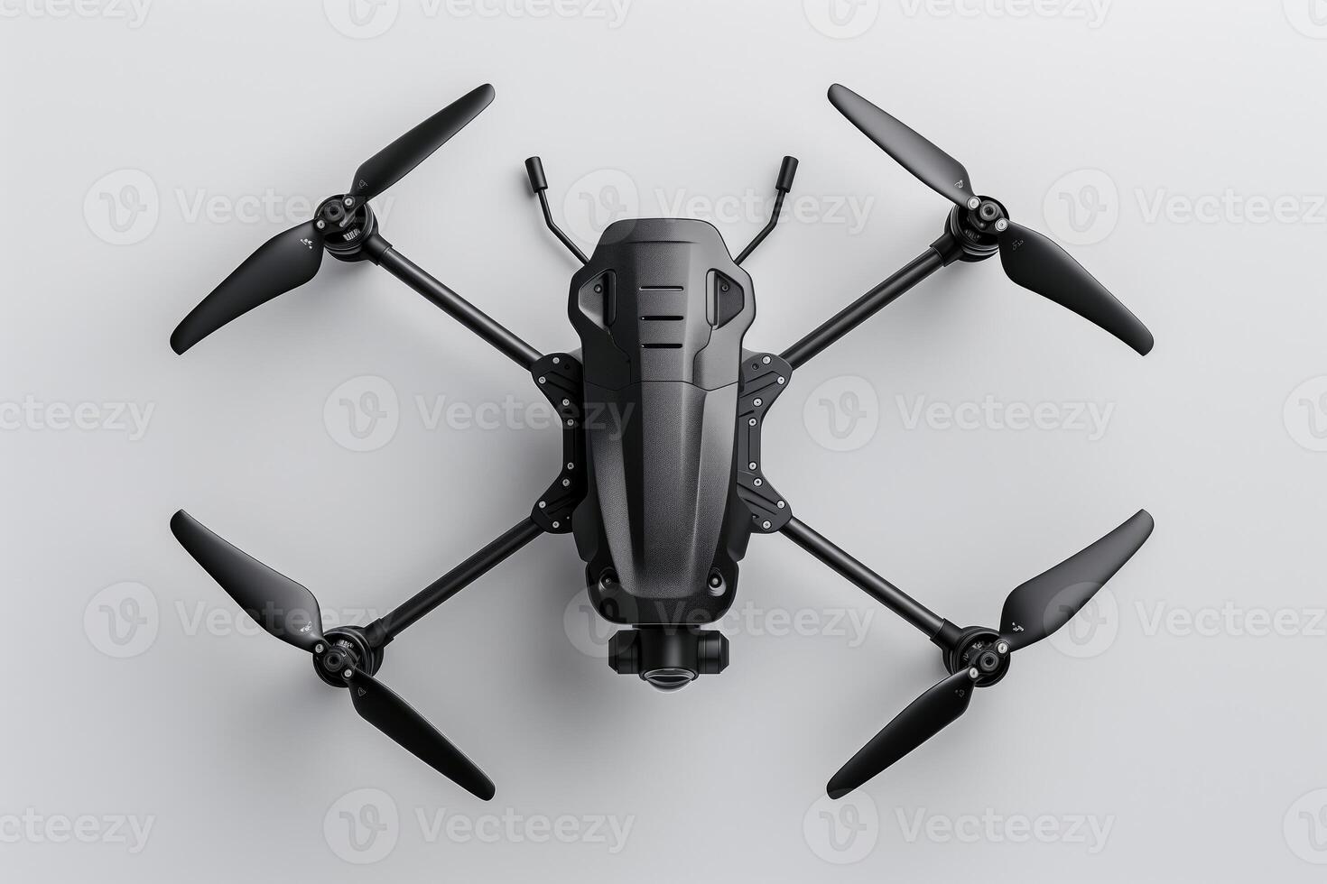 Top View of a Black Drone with Static Rotors on a White Background photo