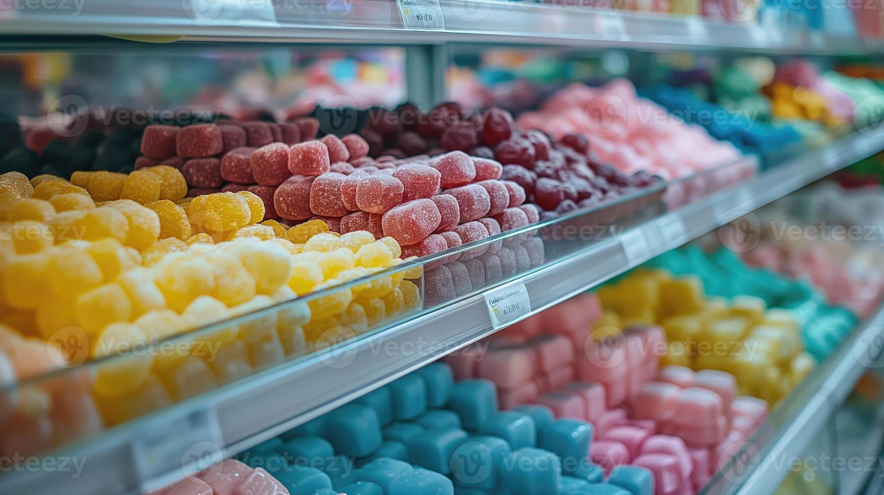 Various candy types fill the shelves of jars in the store photo