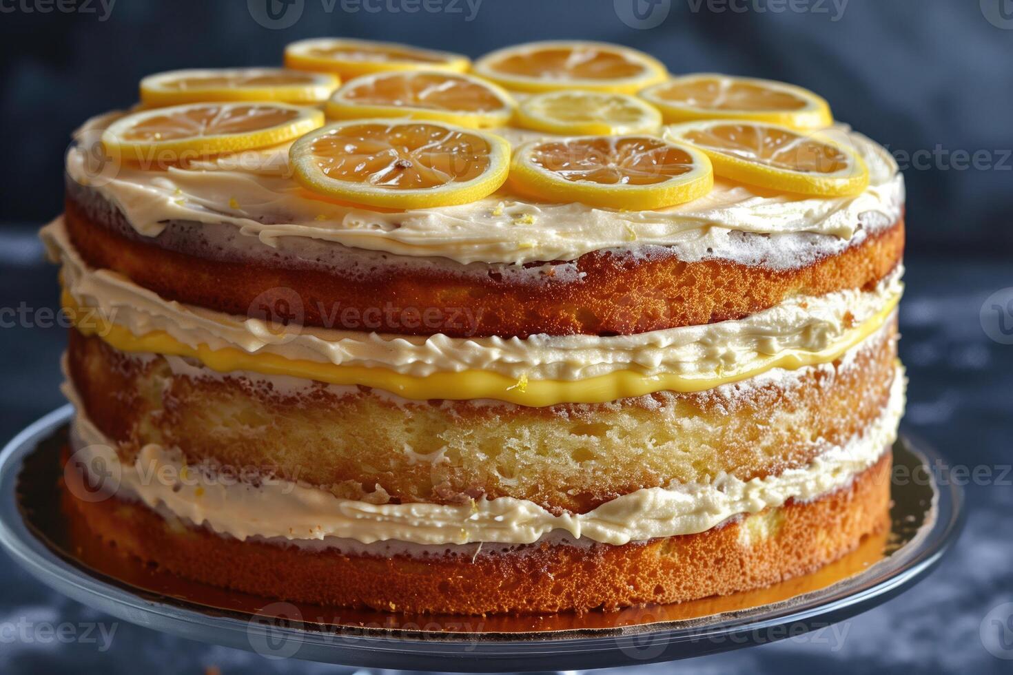A sliced lemon cake rests on a cake stand photo