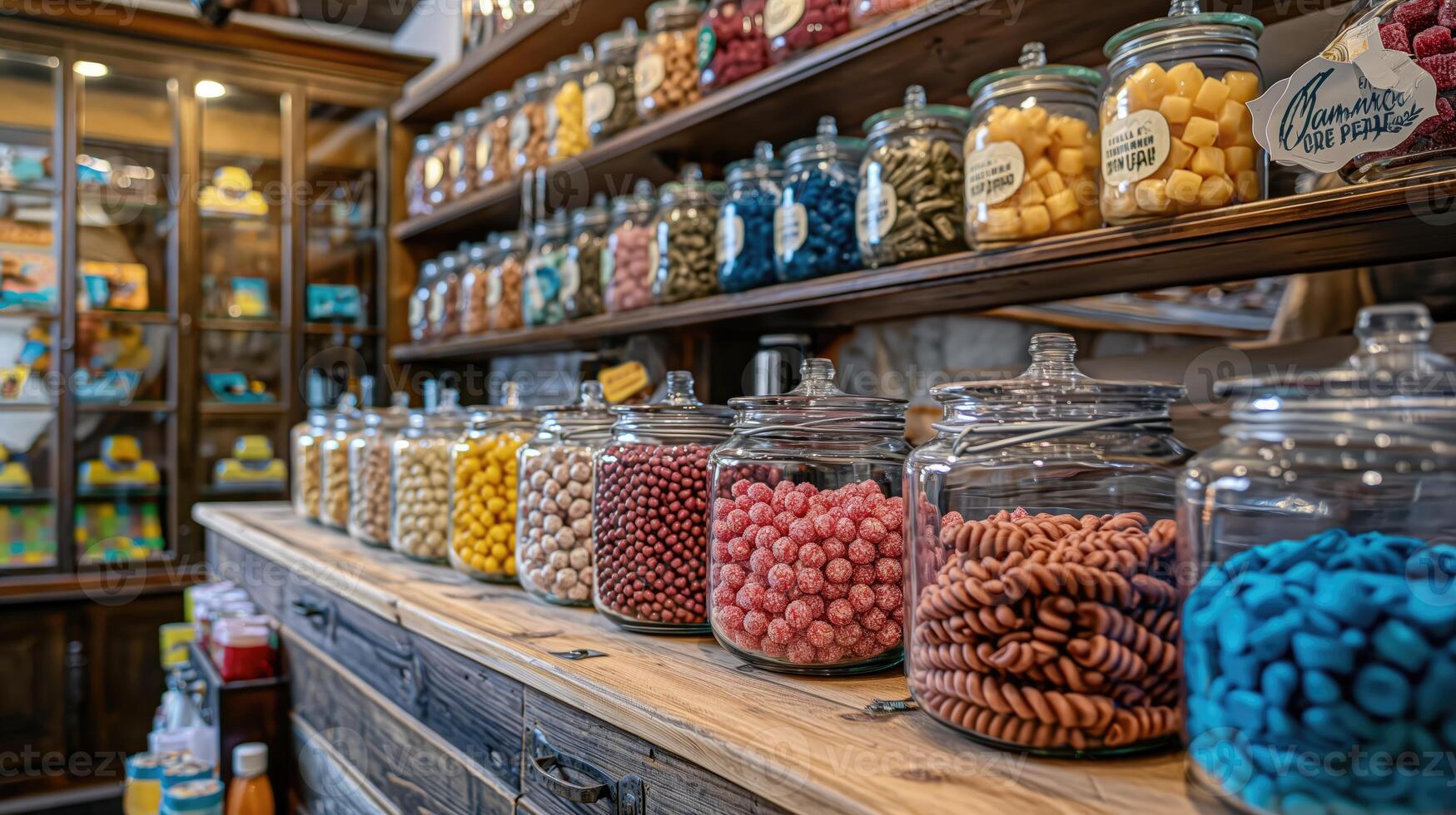 Various candy types fill the shelves of jars in the store photo
