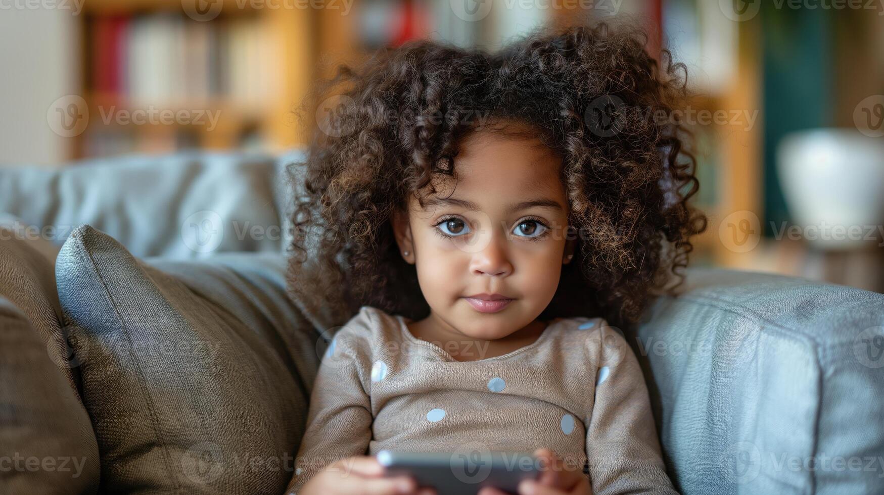 A young girl is seated on a sofa, playing with her mobile photo