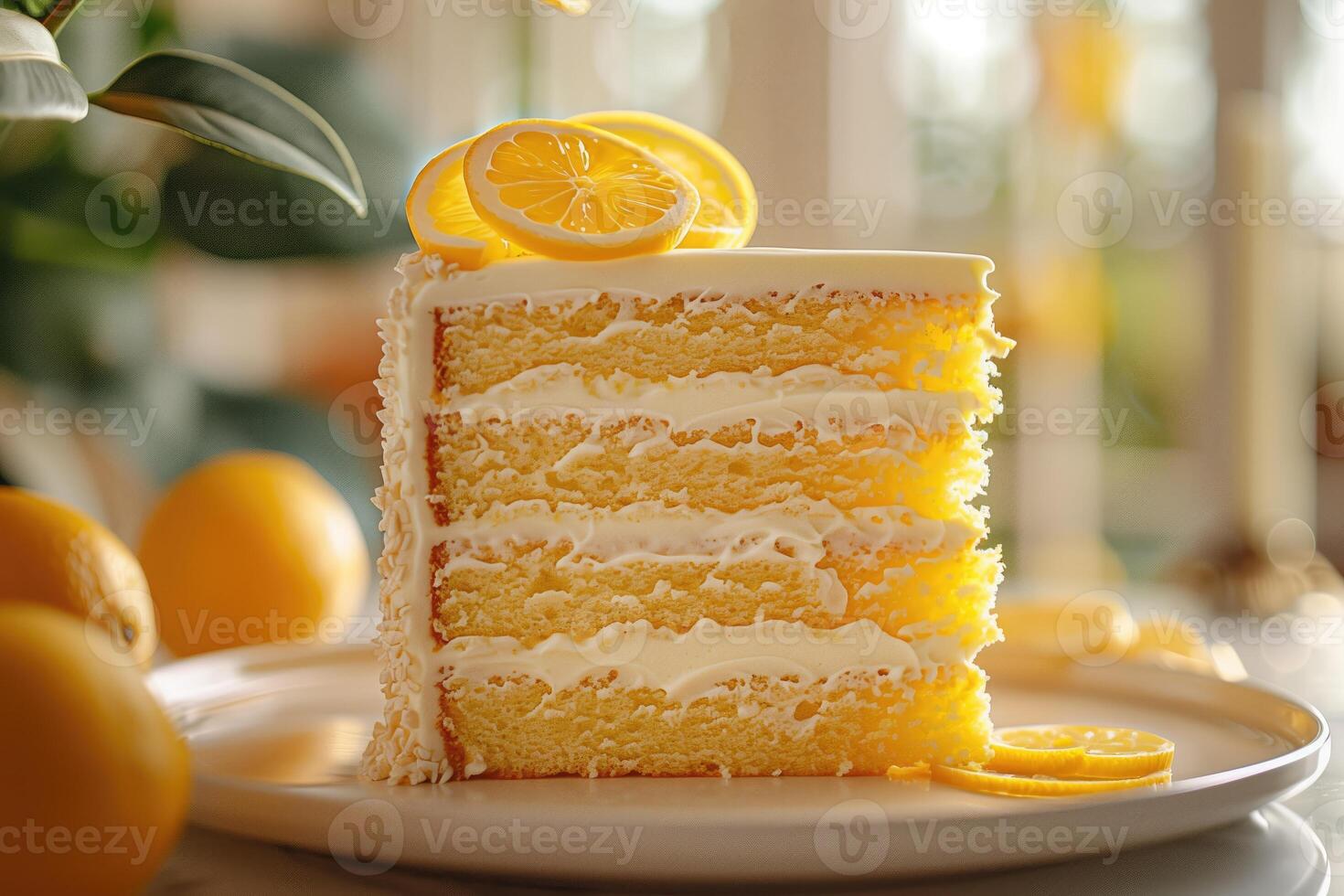 A piece of sliced lemon cake rests on a plate photo