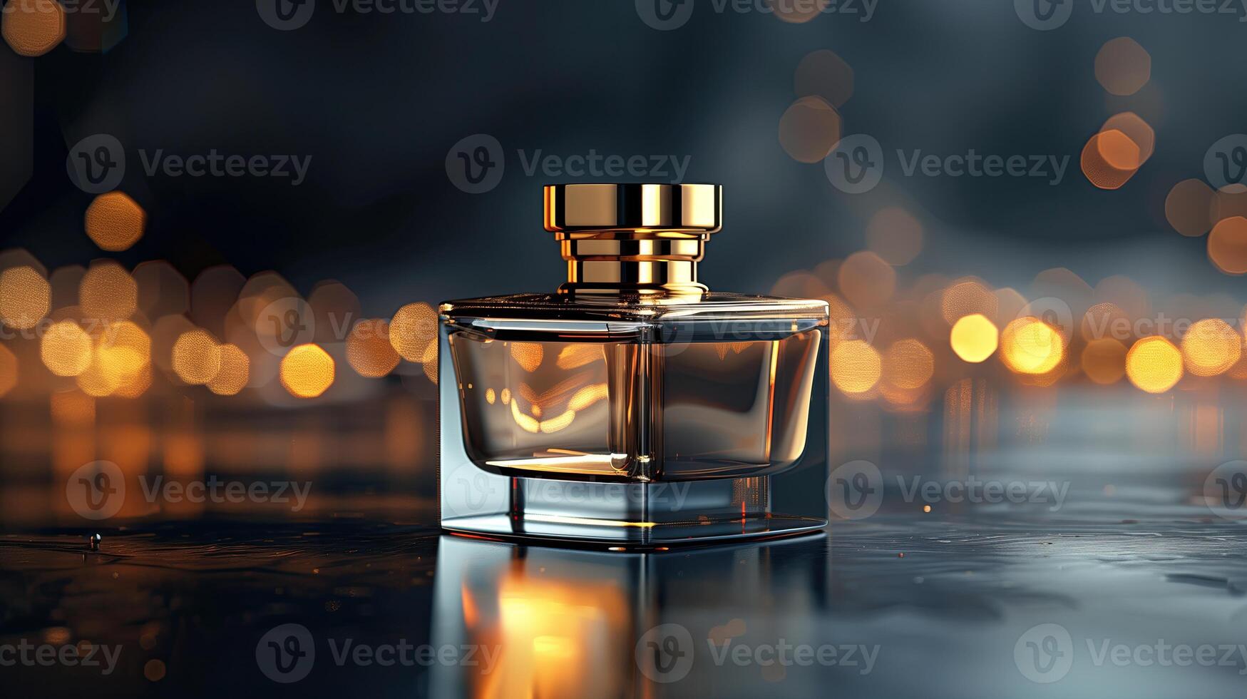 Perfume bottle on black background with bokeh effect. 3d illustration, mock up photo