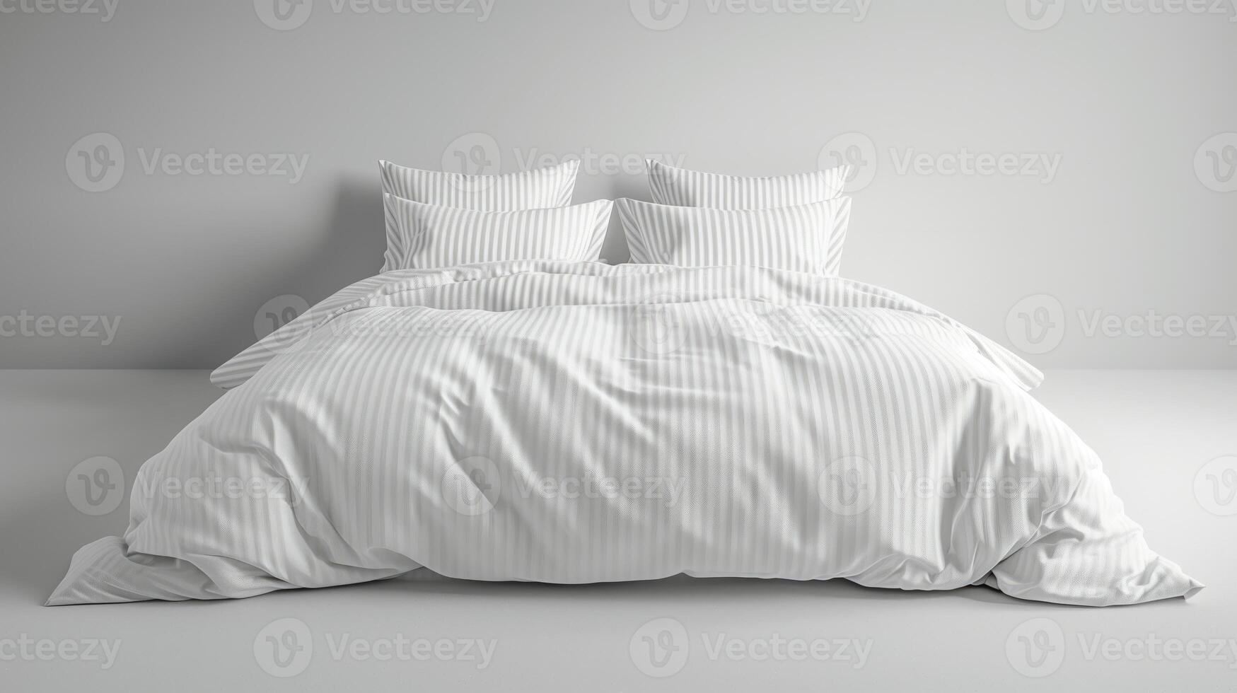 comfortable bed, white sheets and pillows in a room, featuring flooring and a rectangular bed frame photo