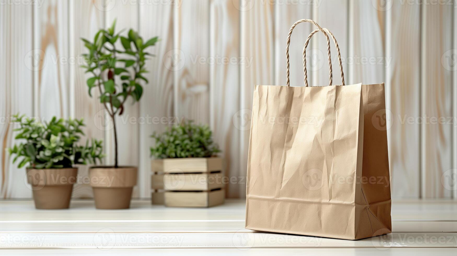 A brown paper bag is placed on top of a white wooden table under light, copy space photo