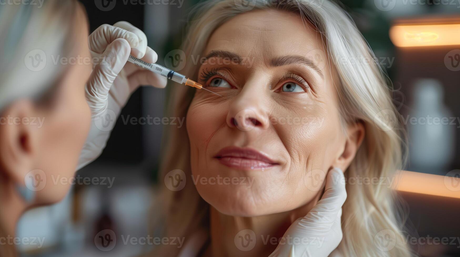 Beautiful young woman receiving botox injection at beauty salon, closeup photo