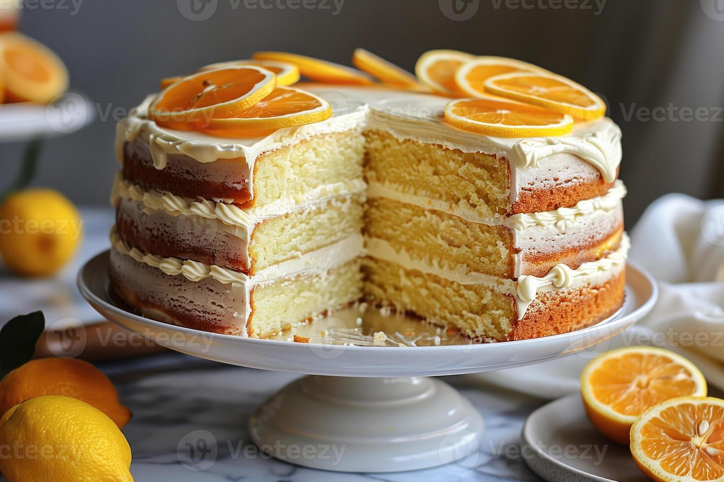 A sliced lemon cake rests on a cake stand photo
