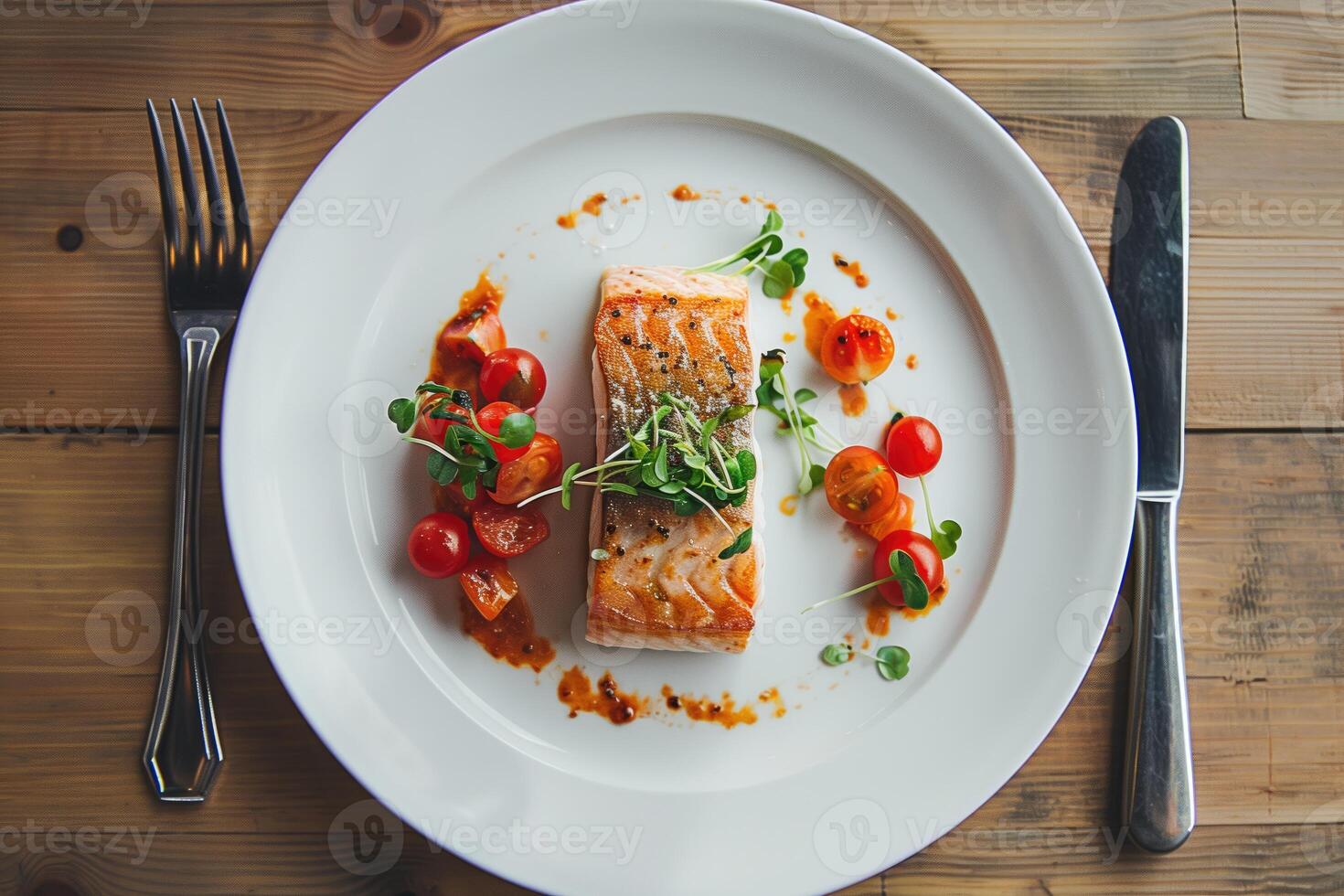 A single white plate with a portion of a piece of seared fish with a garnish of microgreens. photo