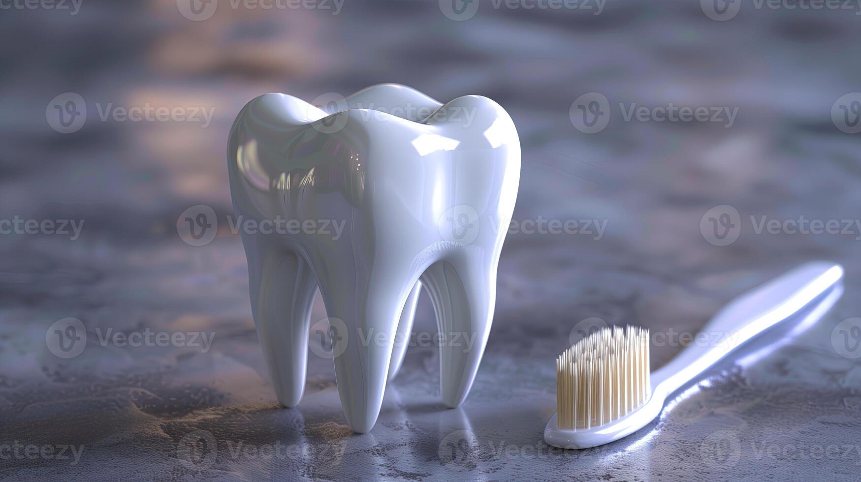 Tooth with toothbrush on the table. 3d illustration. photo