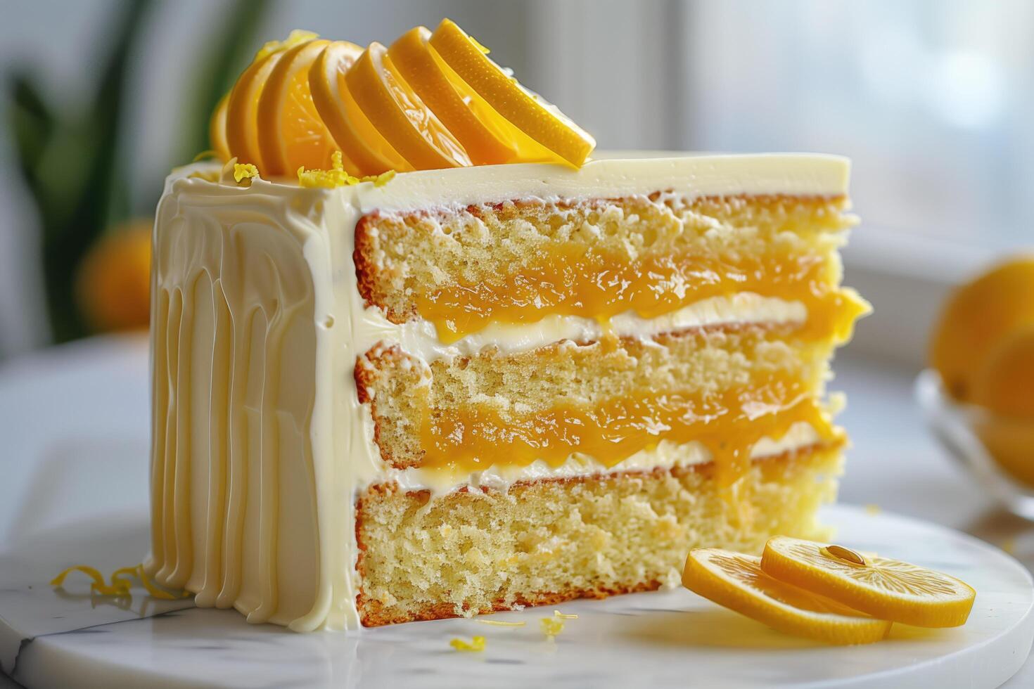 A piece of sliced lemon cake rests on a plate photo