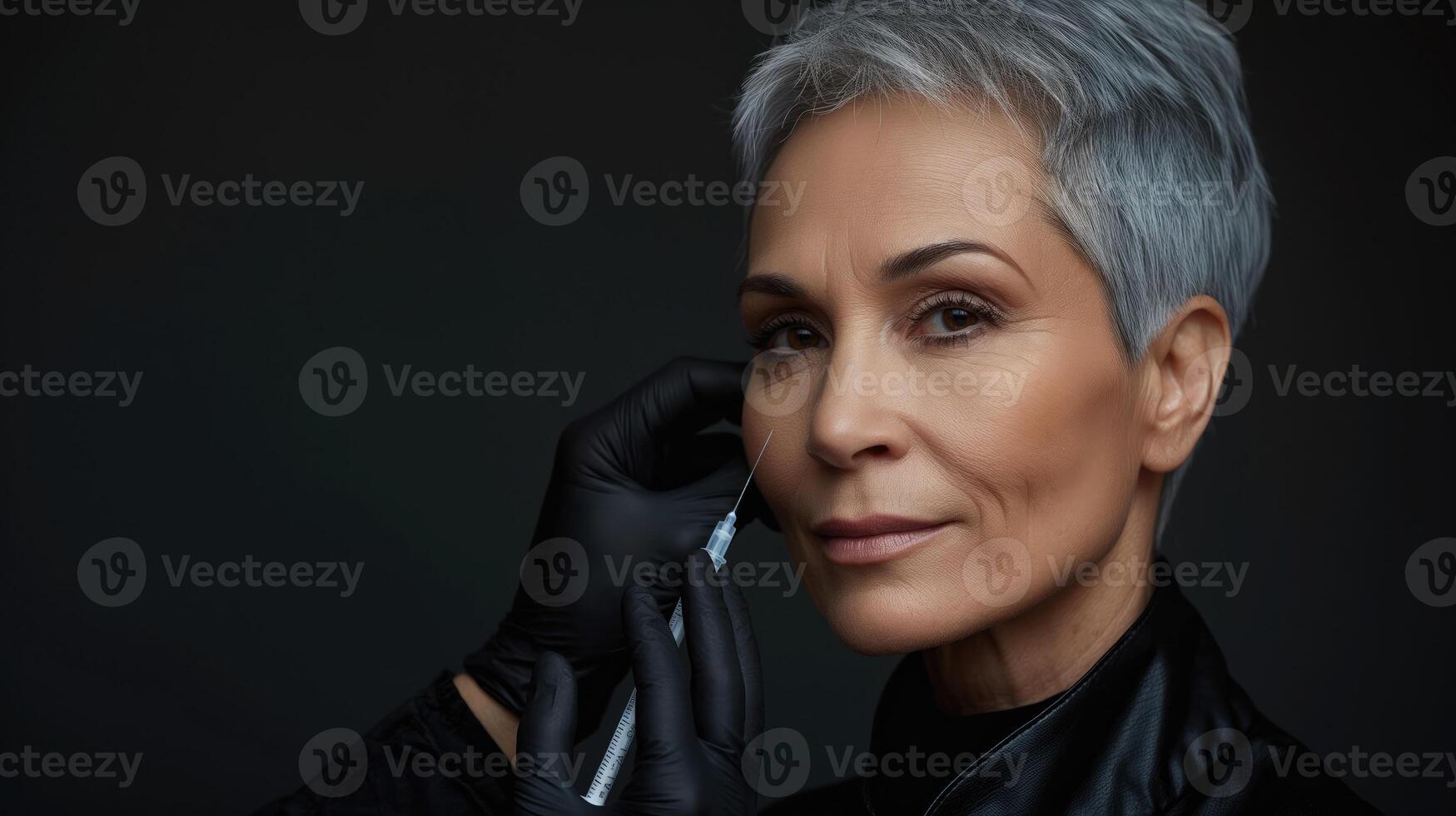 Beautiful mature woman receiving botox injection in her face at beauty salon photo