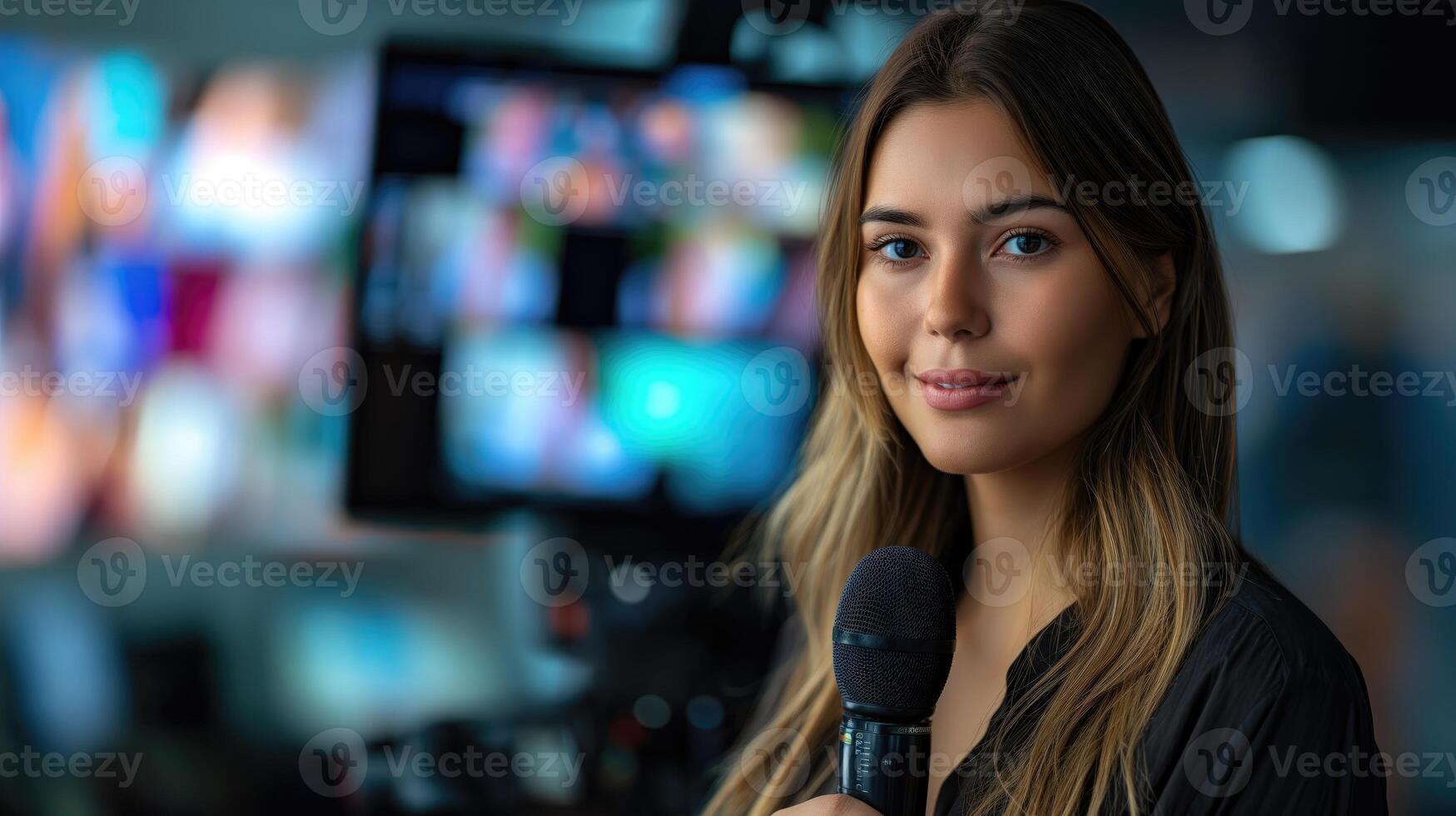 Woman with a microphone at music or entertainment event, facing camera photo