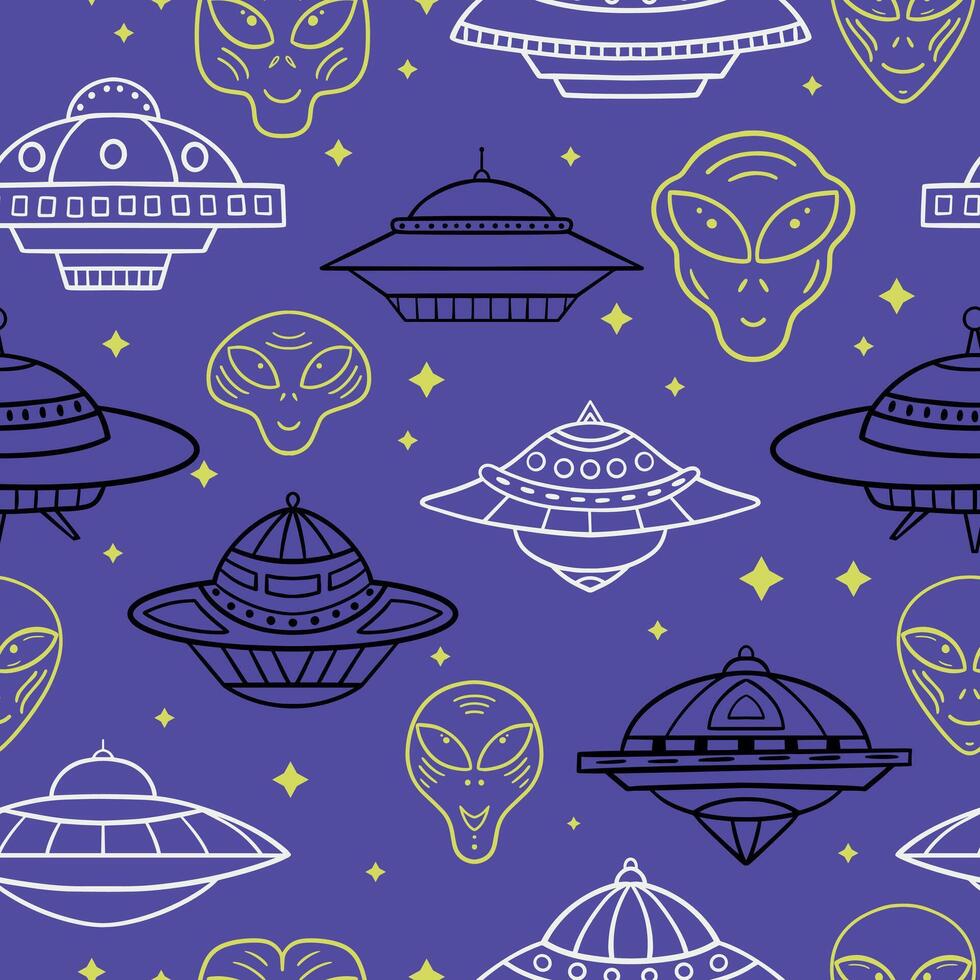 Doodle seamless texture with UFO and aliens. vector
