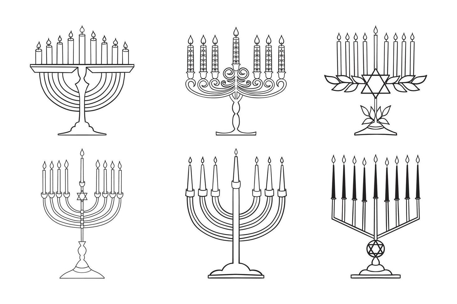 Set of six beautifully candlesticks, each holding nine candles, symbolizing the Israeli festival of Hanukkah. vector