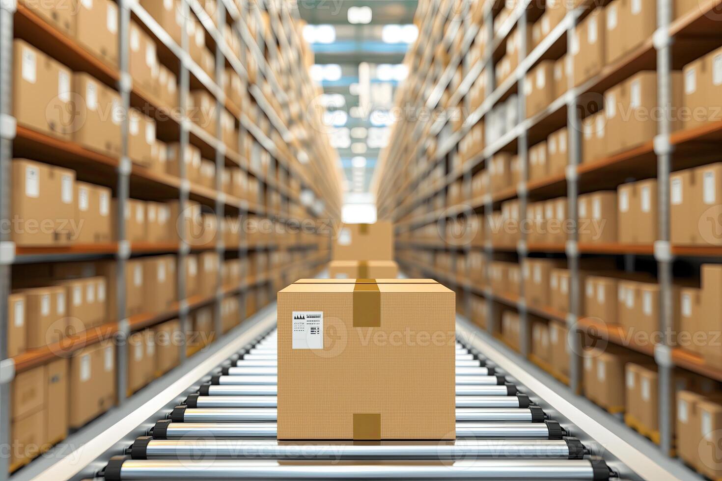 3d rendering of cardboard box on conveyor belt in warehouse background photo