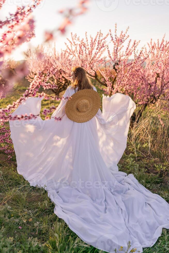 Woman blooming peach orchard. Against the backdrop of a picturesque peach orchard, a woman in a long white dress and hat enjoys a peaceful walk in the park, surrounded by the beauty of nature. photo