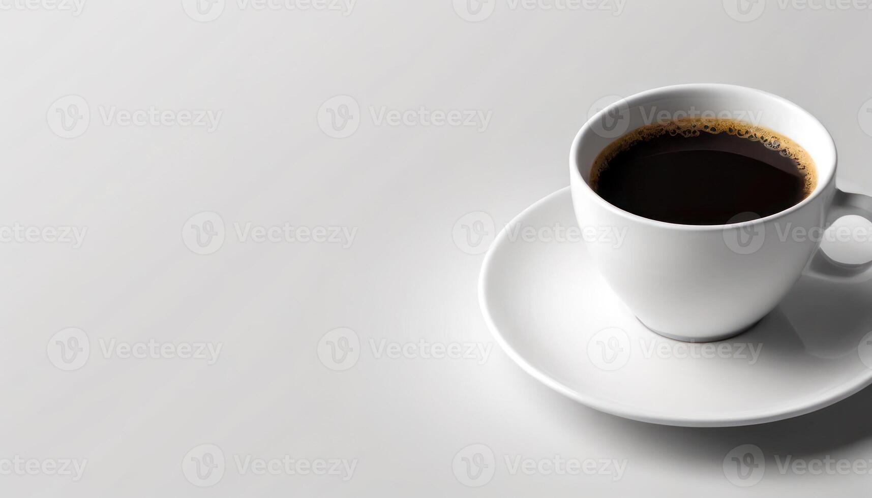 A hot cup of coffee on a saucer, set against a white background, casting a subtle shadow. photo