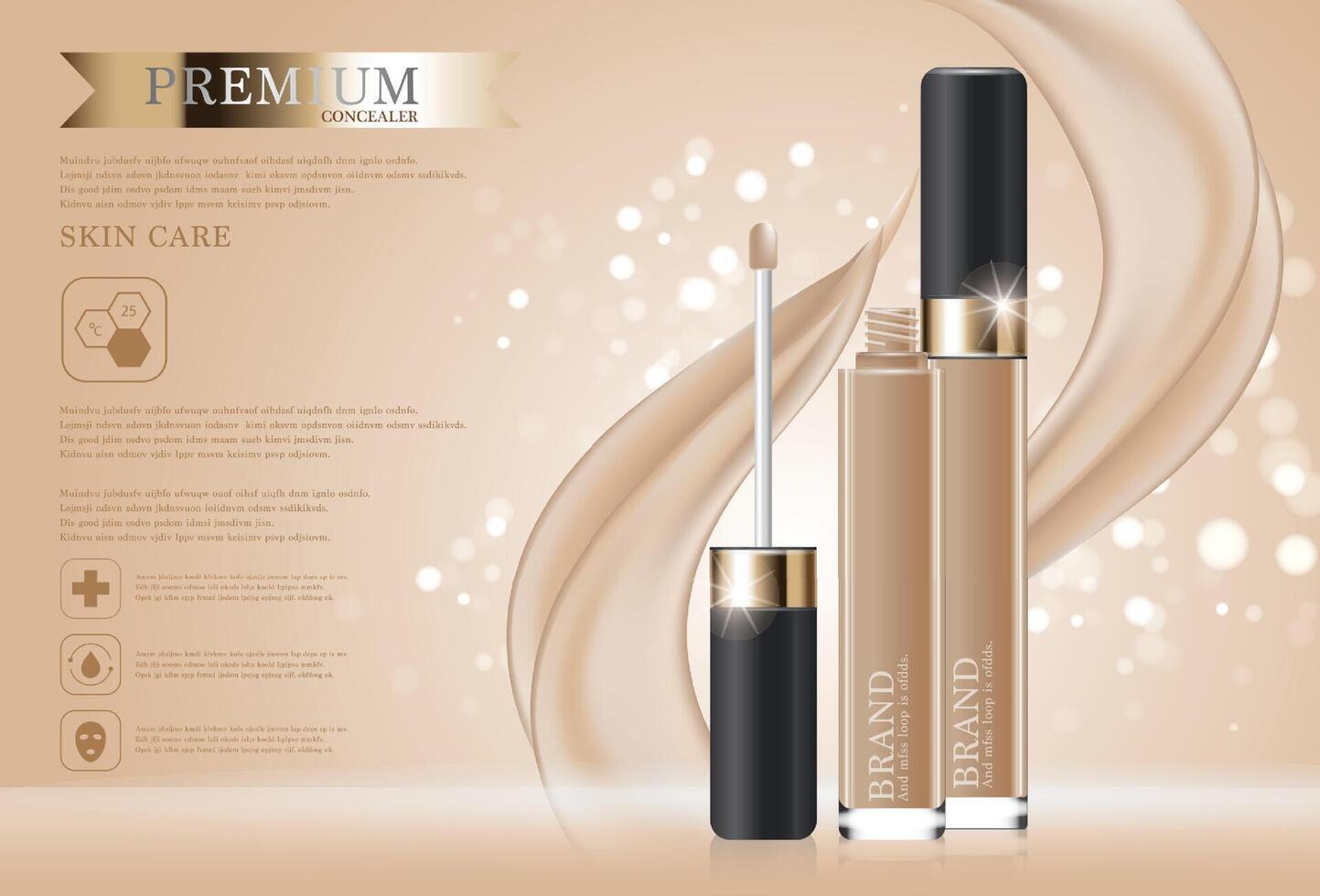 Hydrating facial concealer for annual sale or festival sale. black and gold concealer mask bottle isolated on glitter particles background. Graceful cosmetic ads, illustration. vector
