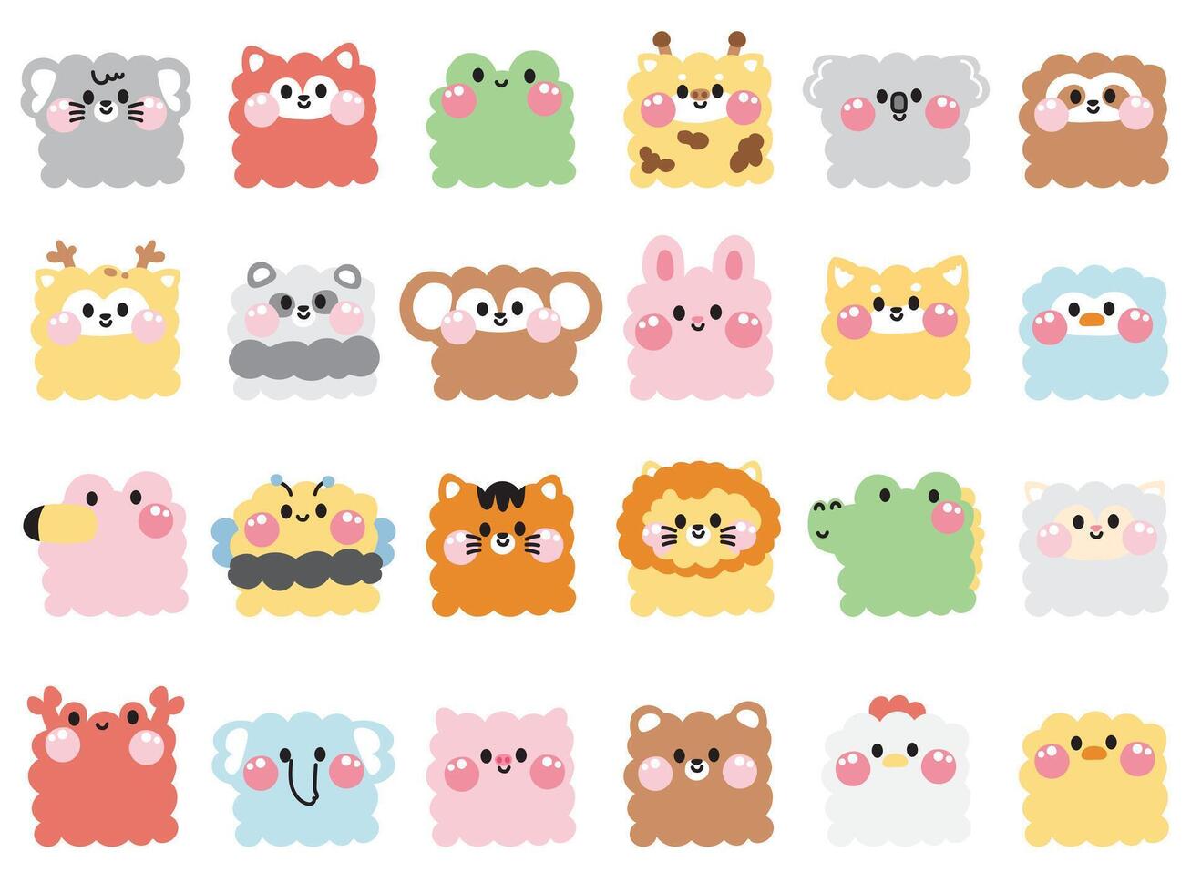Set of cute animals in curve shape hand drawn.Zoo collections.Face.Head.Cartoon animals character design.Kid graphic.Kawaii.Illustration. vector