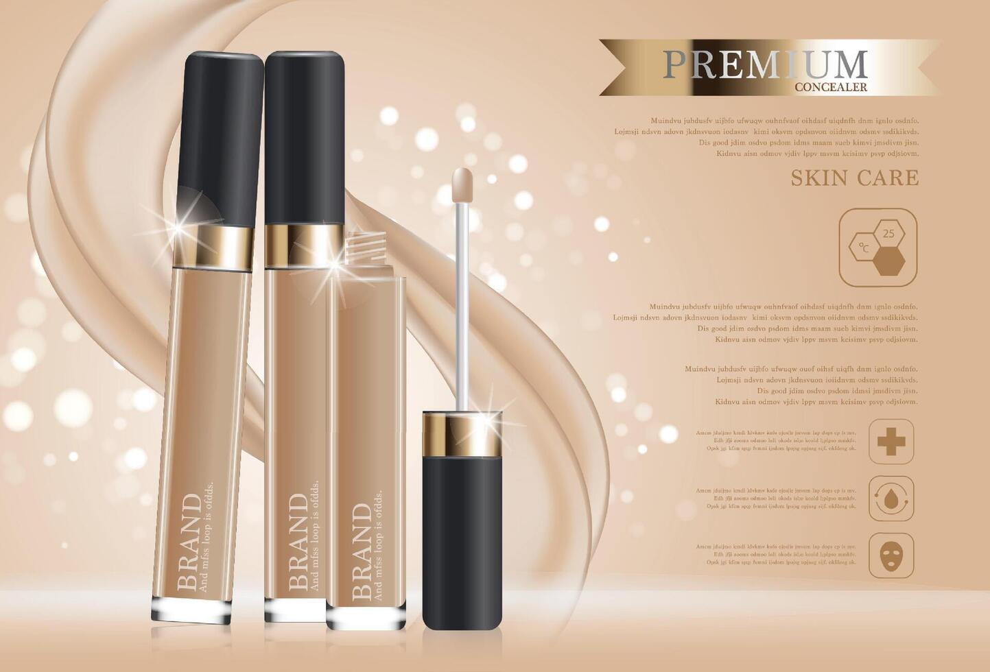 Hydrating facial concealer for annual sale or festival sale. black and gold concealer mask bottle isolated on glitter particles background. Graceful cosmetic ads, illustration. vector