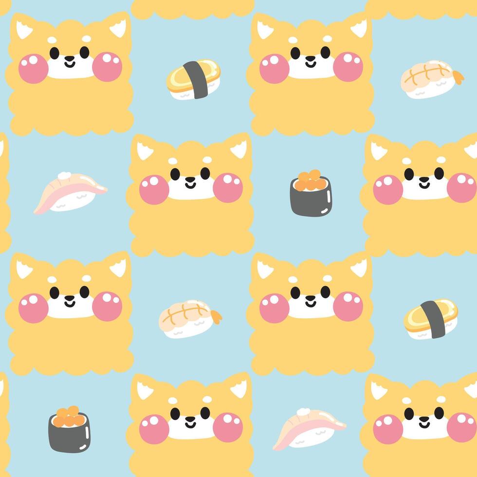 Seamless pattern of cute shiba inu dog in curve shape hand drawn with sushi background.Face.Head.Cartoon animal character design.Image for card,poster,baby clothing.Kawaii.Illustration vector