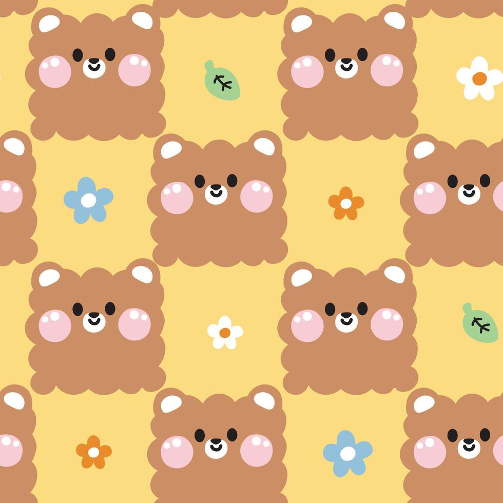 Seamless pattern of cute bear in curve shape hand drawn with leaf and flower.Teddy face.Cartoon wild animals character design.Image for card,poster,baby clothing.Kawaii.Illustration. vector