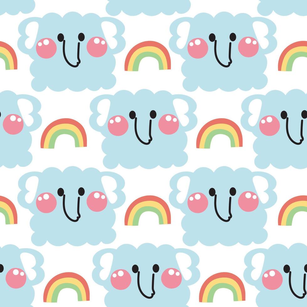Seamless pattern of cute elephant in curve shape hand drawn with rainbow background.Face.Head.Cartoon wild animal character design.Image for card,poster,baby clothing.Kawaii.Illustration vector