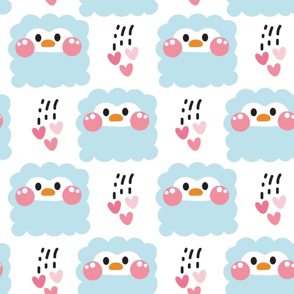 Seamless pattern of cute penguin in curve shape hand drawn with heart background.Face.Head.Cartoon bird animal character design.Image for card,poster,baby clothing.Kawaii.Illustration vector