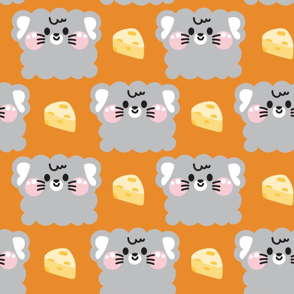 Seamless pattern of cute rat in curve shape hand drawn with cheese background.Face.Head.Cartoon rodent animal character design.Image for card,poster,baby clothing.Kawaii.Illustration vector