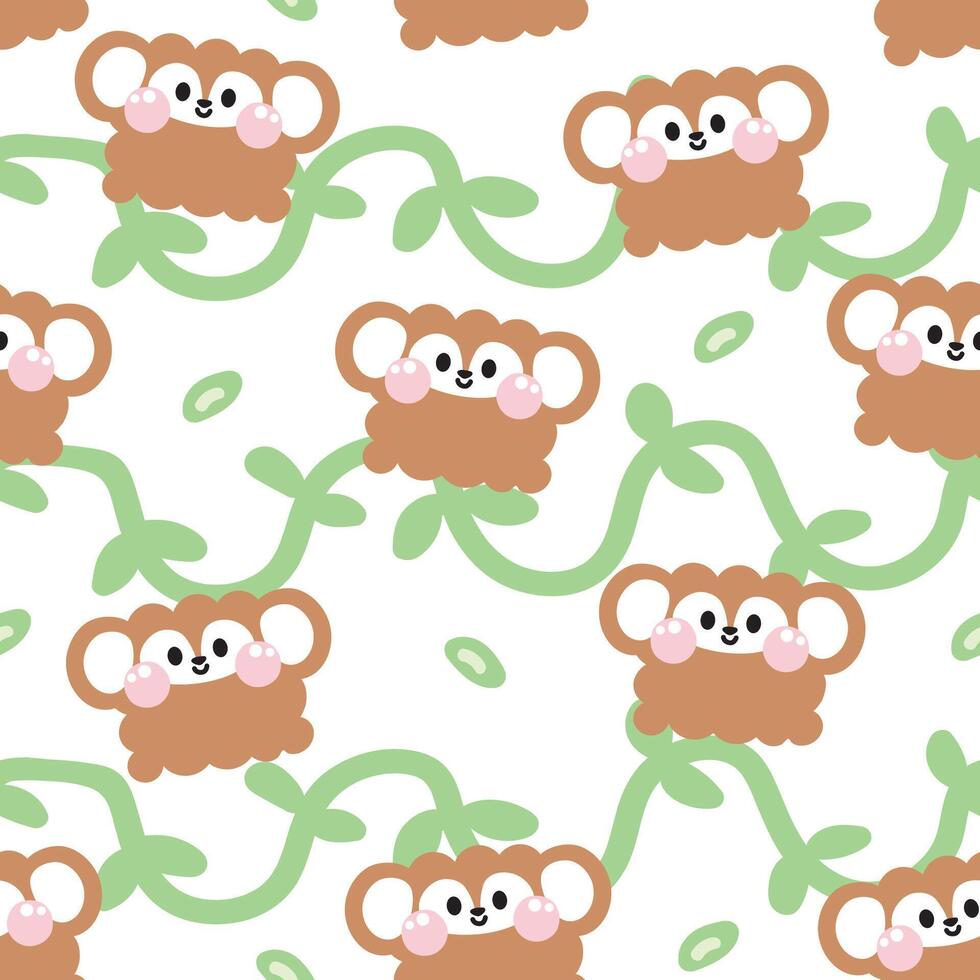 Seamless pattern of cute monkey in curve shape hand drawn with leaf background.Face.Head.Cartoon wild animal character design.Image for card,poster,baby clothing.Kawaii.Illustration vector