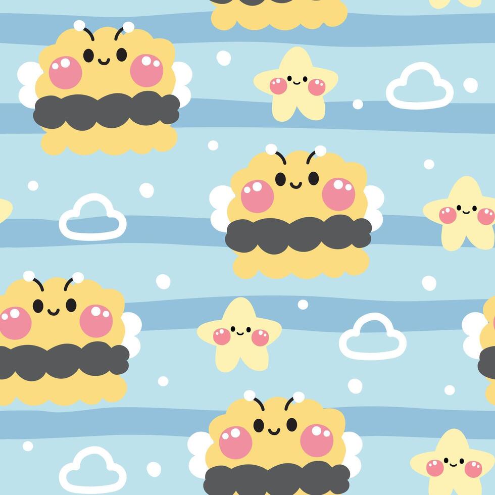 Seamless pattern of cute bee in curve shape hand drawn with clouds and star sky background.Face.Head.Cartoon animal character design.Image for card,poster,baby clothing.Kawaii.Illustration vector